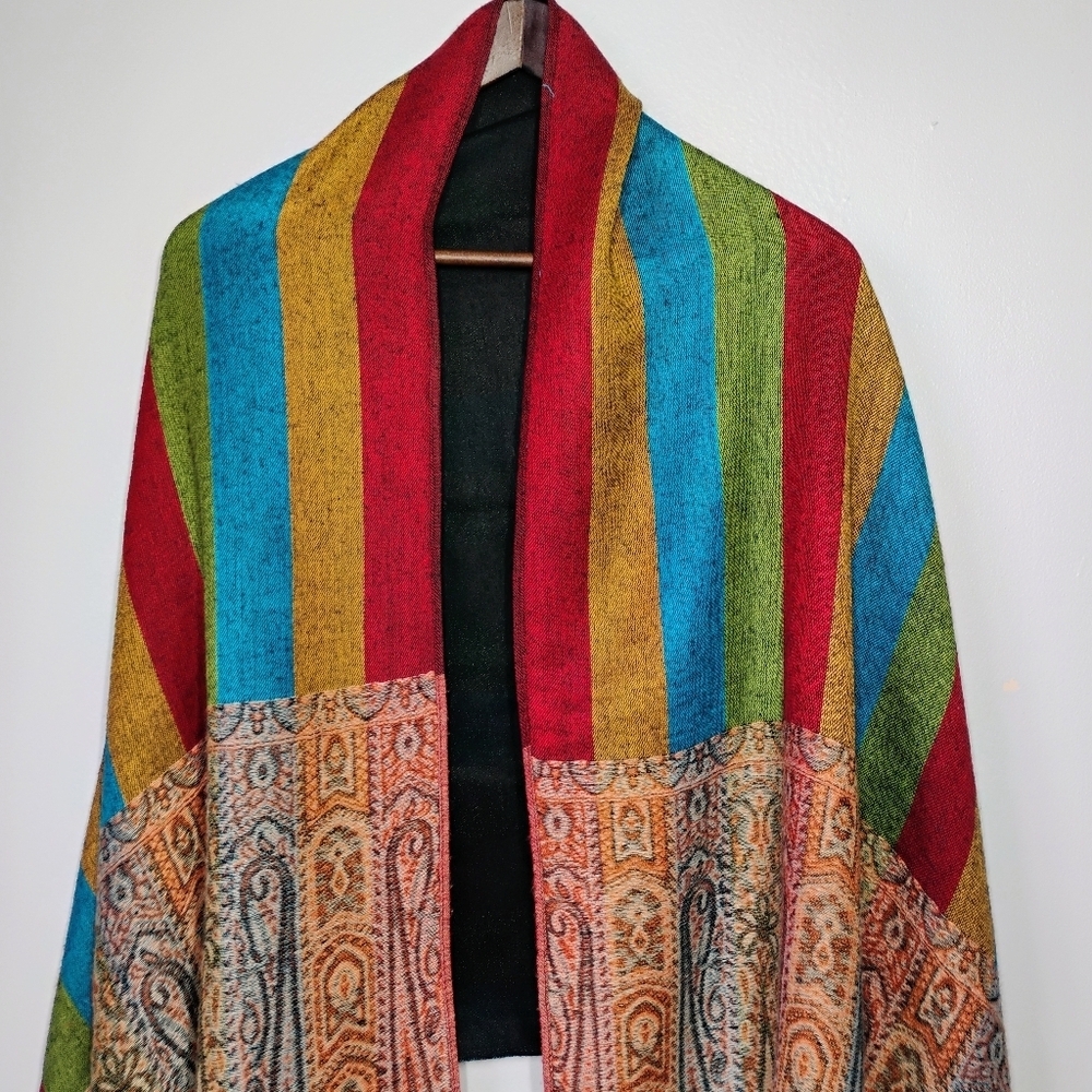 Pashmina Style Boho Paisley Rainbow Stripe Fringe Scarf Shawl Cover Up One Size‎ - Picture 4 of 13